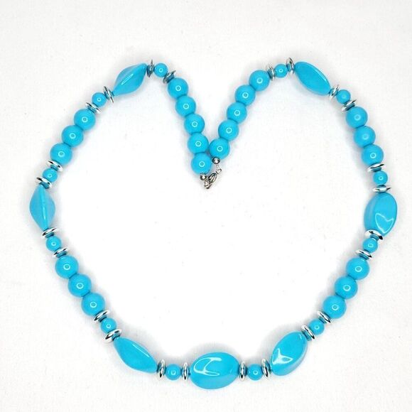 Vintage Cyan Azure Blue Silver Lucite Bead Necklace Round Oblong 24.5" - Picture 2 of 2